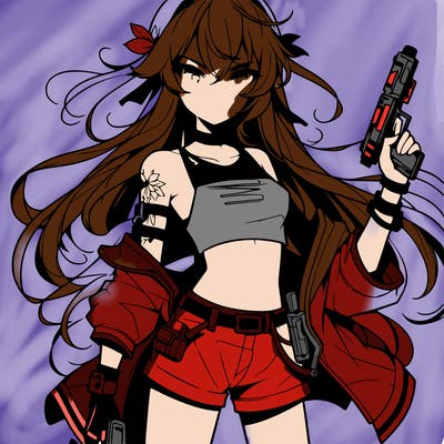 bad girl wearing crop top holding a gun long hair anime