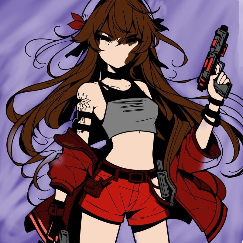 bad girl wearing crop top holding a gun long hair anime