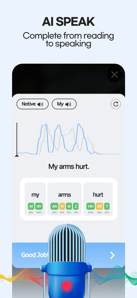 ReadingGate - ReadingGate AI Speakインターフェース。英語のスピーキング練習のための音声波形比較と発音スコアリングが表示されています。