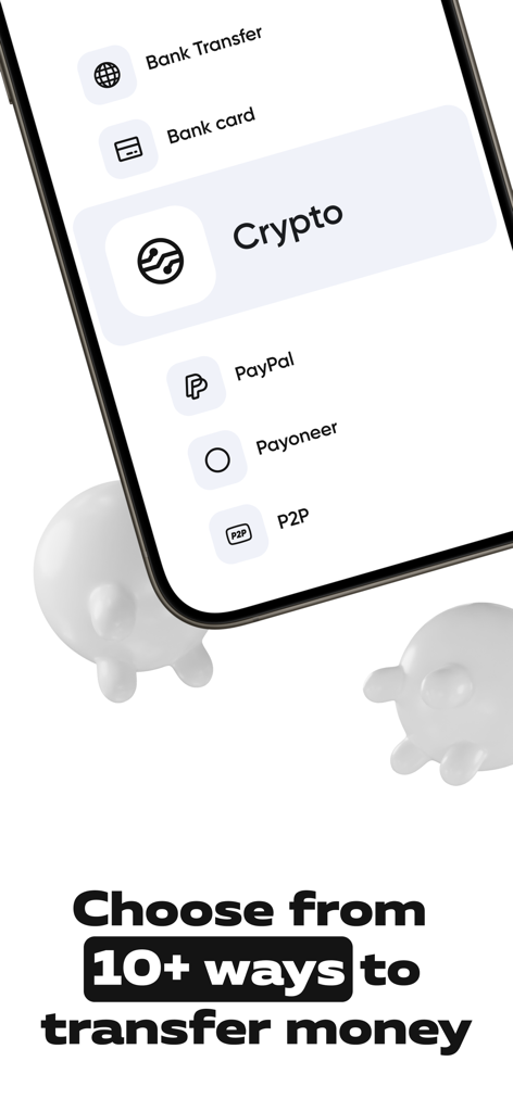MilX: Finance hub for bloggers - MilX app screen showing various money transfer methods including crypto and bank transfers for content creators
