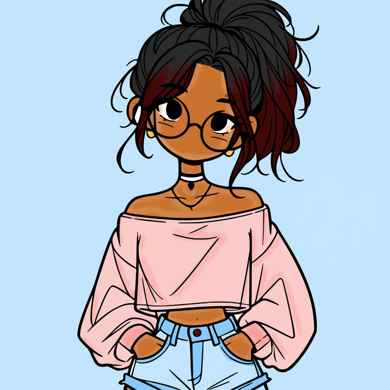 girl with a messy ponytail glasses a baggy crop top and jean shorts