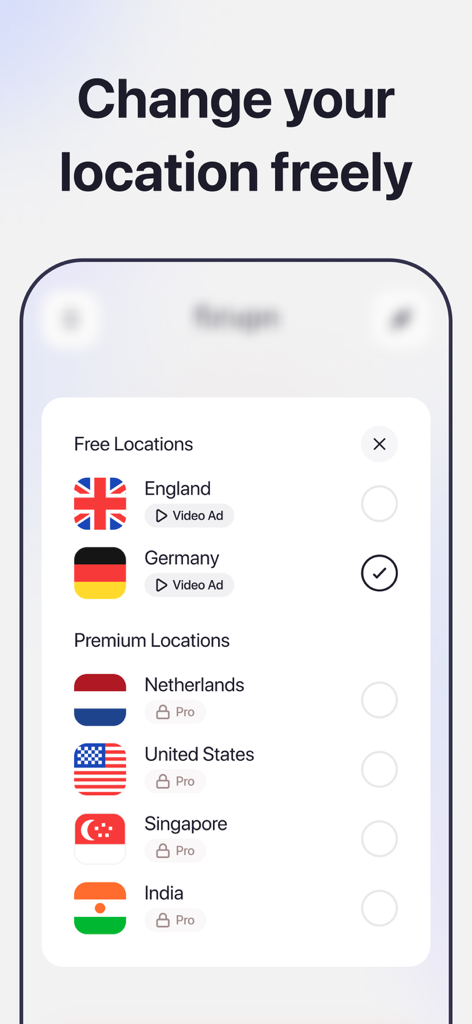 VPN - Best & Fast & Unlimited - FixVPN app screen showing a list of free and premium server locations for changing user location