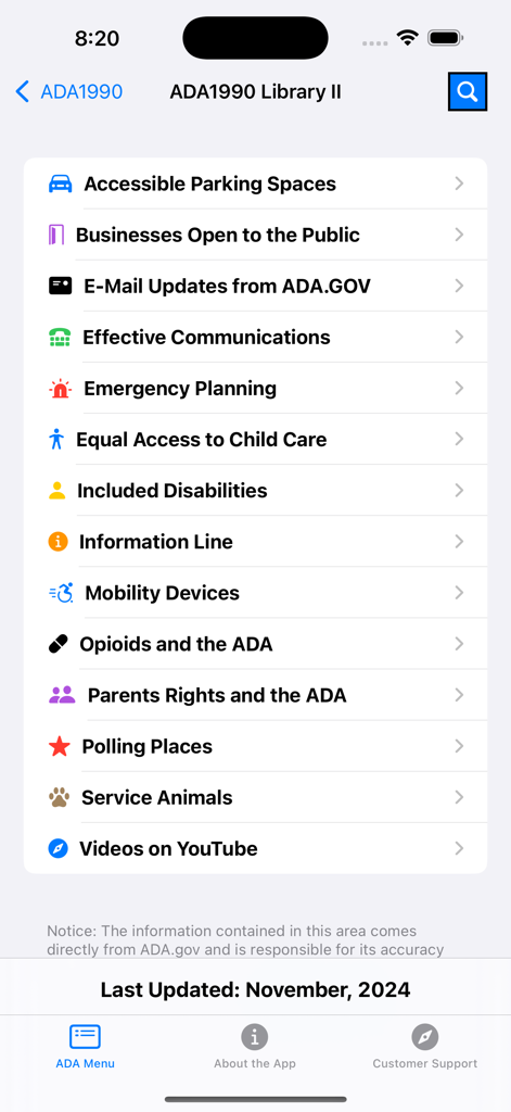 Americans w/ Disabilities Act - Menu principale dell'app Americans with Disabilities Act che elenca argomenti di riferimento legale come parcheggio e animali di servizio.