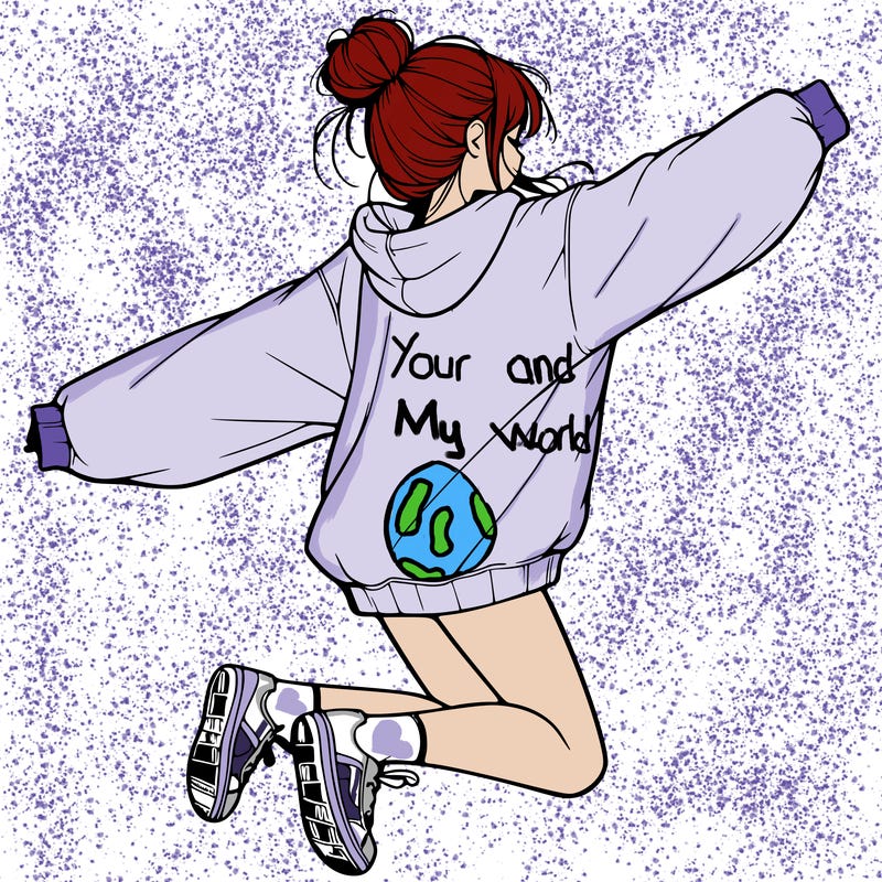 realistic girl jumping with a bun and oversized sweatshirt