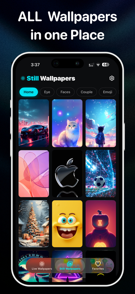 Silly Smiles Live Wallpaper 26 - 자동차, 고양이, 웃는 얼굴을 포함한 다양한 정지 배경화면 그리드를 표시하는 모바일 앱 인터페이스