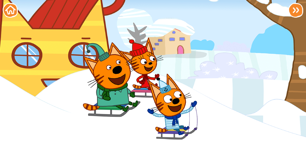 Three cartoon cats sledding in a snowy winter landscape