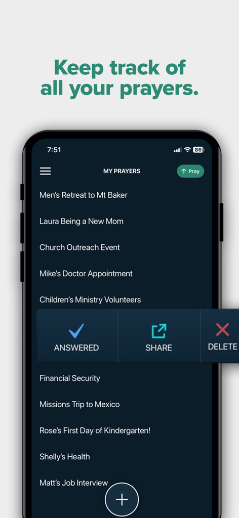 Echo Prayer - The Echo Prayer app interface showing a list of personal prayer requests and options to mark them as answered