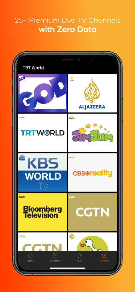 SuperTV for MTN - Interfaz de la aplicación móvil SuperTV para MTN que muestra varios canales de TV en vivo, incluidos Aljazeera y Bloomberg.