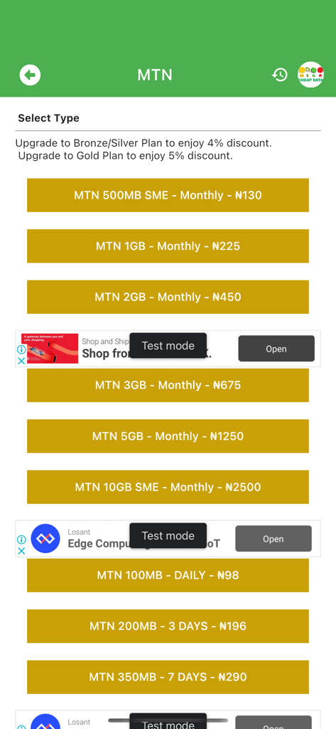 Interfaz de aplicación móvil que muestra varios planes de suscripción de datos de MTN y precios en Naira nigeriana.