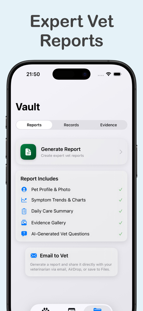 PetLog: AI Health Tracker - PetLog app screen showing the vault feature to generate and email expert vet reports with pet profiles and health trends