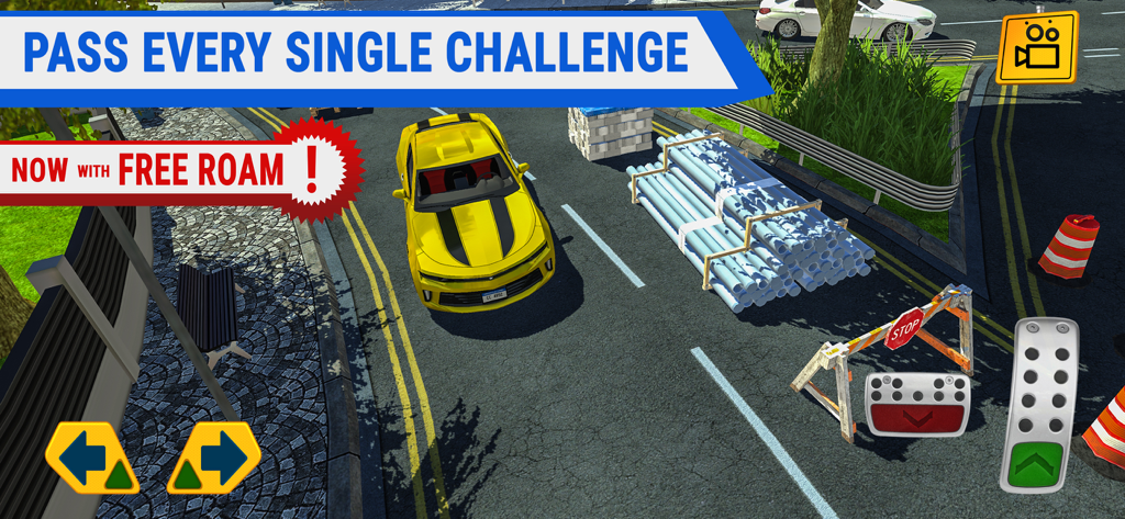A yellow sports car driving through an obstacle course in the Multi Floor Garage Driver mobile game