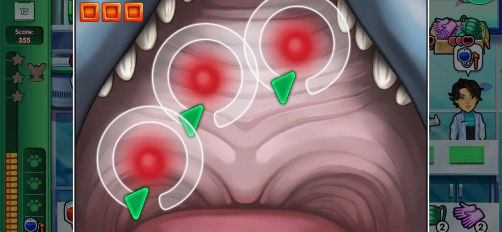 Un minijuego médico en Dr. Cares Family Practice tratando la boca de un animal.