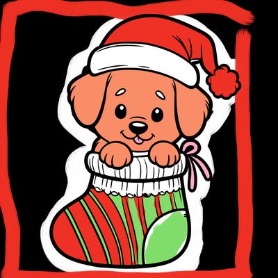 cute puppy wearing santa hat in socking