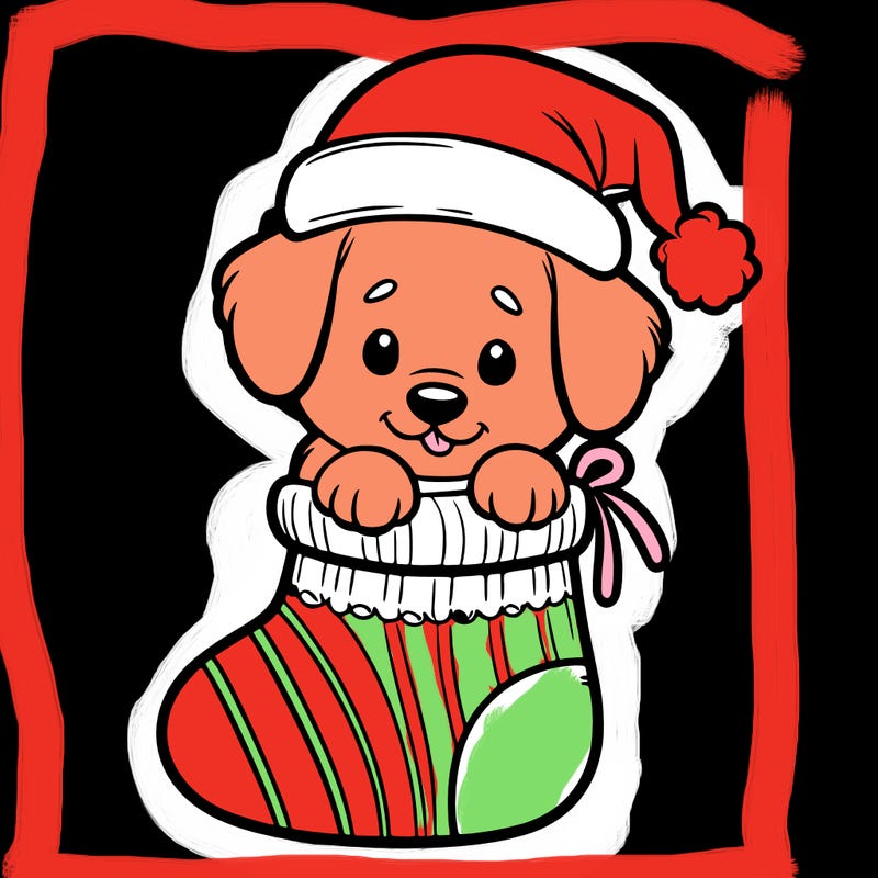 cute puppy wearing santa hat in socking