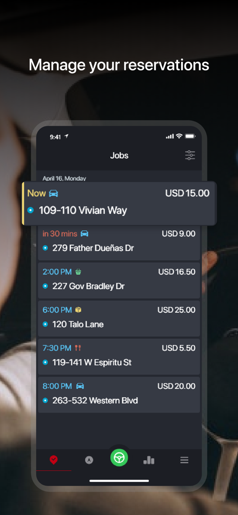 Global Driver - A mobile interface of the Global Driver app displaying a list of scheduled transportation and delivery jobs