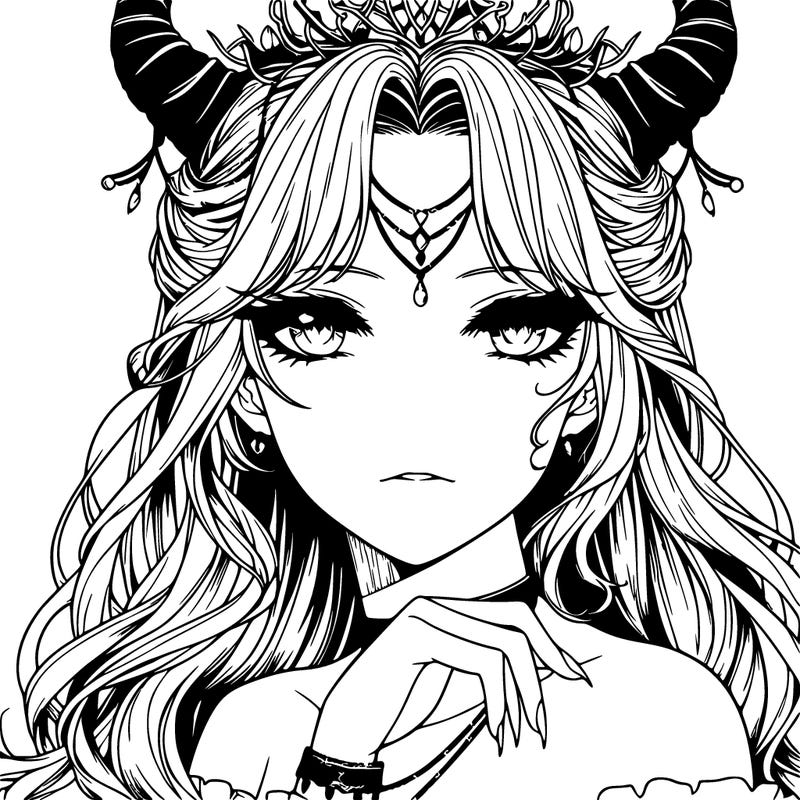 a realistic fantasy manga queen with horns