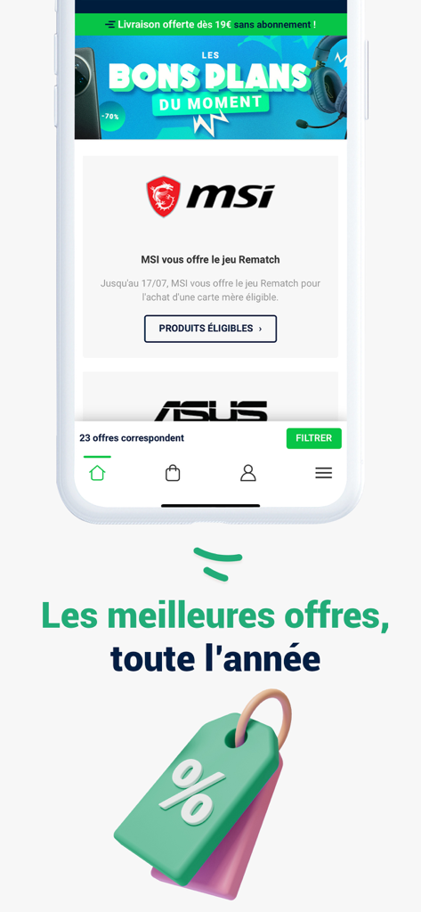 Schermata dell'app mobile Rue Du Commerce che mostra promozioni di marchi high-tech e offerte valide tutto l'anno