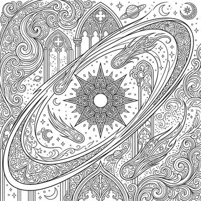 Journey through the cosmos with this mesmerizing Gothic comet orbits coloring page, blending celestial wonder with dark, ornate beauty. Discover intricate designs of stars, moons, and comets sweeping past elegant architectural elements, ready for your creative touch.