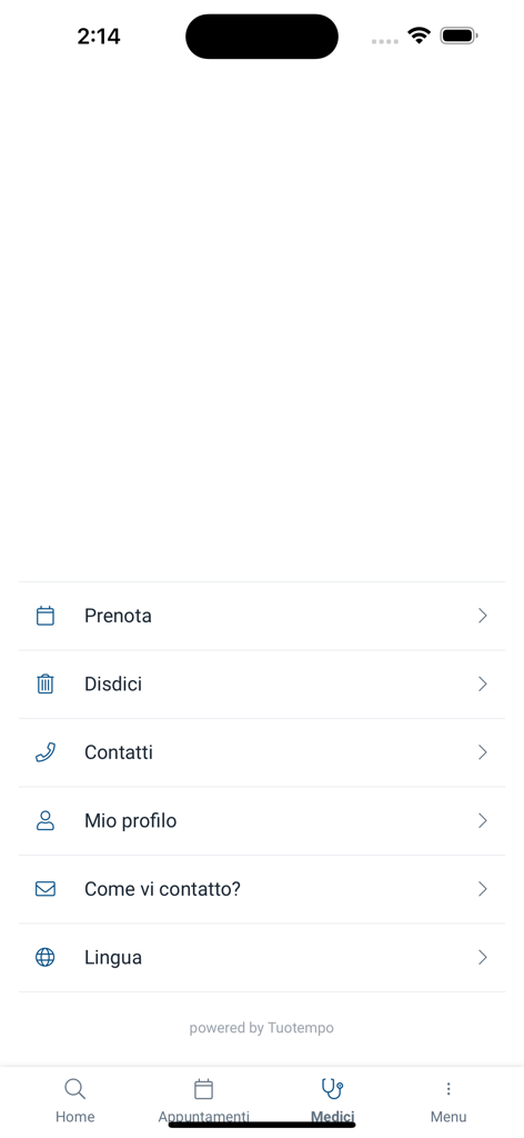 Tela principal do menu do aplicativo de saúde MyMaterDei com agendamento e configurações de perfil
