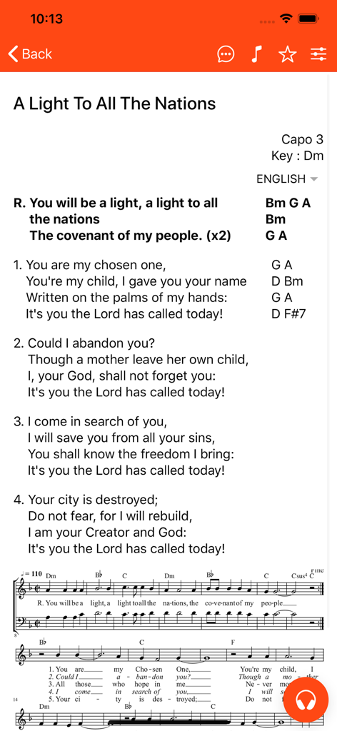 Interface of a worship app showing song lyrics with guitar chords and musical sheet music notation