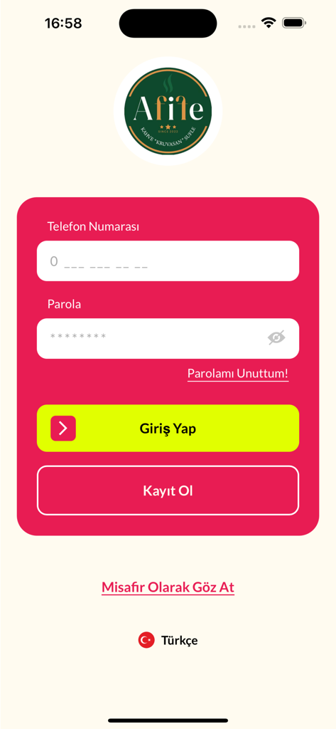 Afife Kruvasan - Pantalla de inicio de sesión de la aplicación móvil Afife Kruvasan que muestra campos para número de teléfono y contraseña con botones de iniciar sesión y registrarse