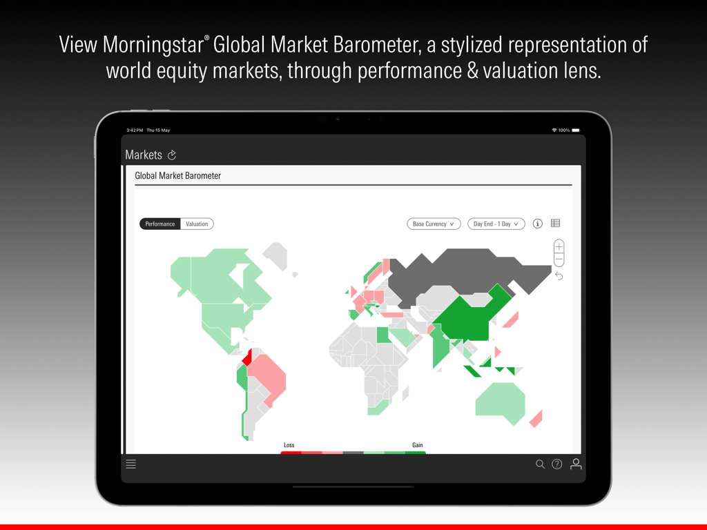 Global market performance map on Morningstar iPad app