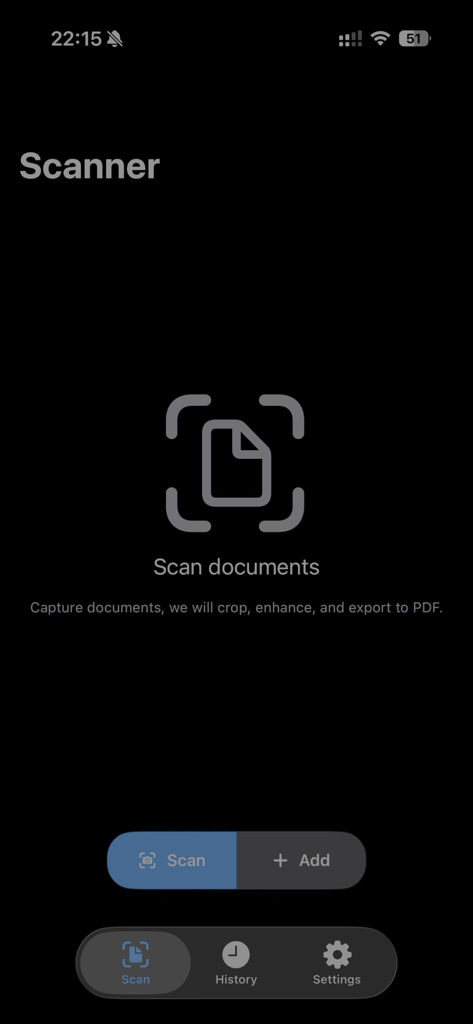 Quick Scan And Share - Main screen of the Quick Scan and Share app showing the document scanner interface with scan and add buttons