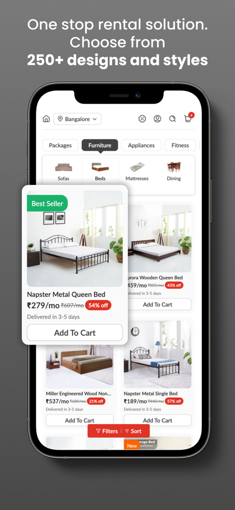 Rentomojoモバイルアプリ画面、様々なベッドのレンタルオプションと月額サブスクリプション価格、割引を表示