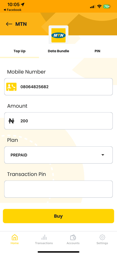 Baxi Mobile - Baxi Mobile app screen for MTN airtime top up