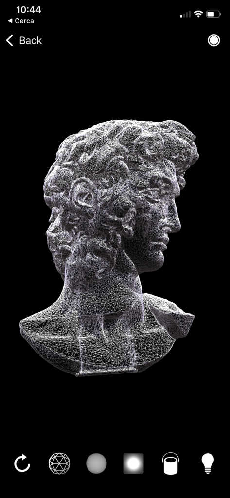 Emb3D 3D Model Viewer - A 3D wireframe mesh of a classical bust sculpture displayed in the Emb3D model viewer app