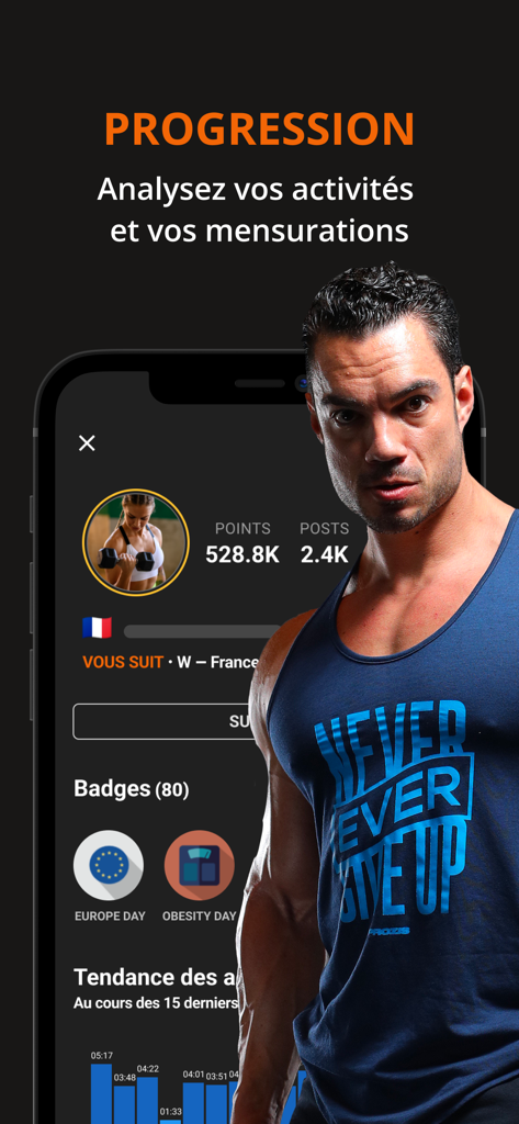MetamorphX - MetamorphX app interface displaying fitness progression charts and a portrait of IFBB Pro Julien Quaglierini.