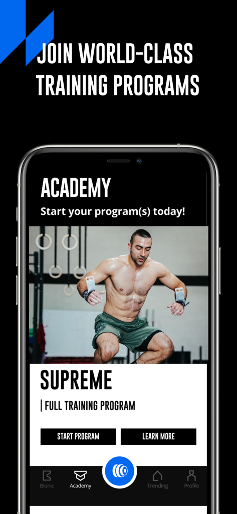 A smartphone screen showing the WODProof Academy interface with world class training programs and an athlete image