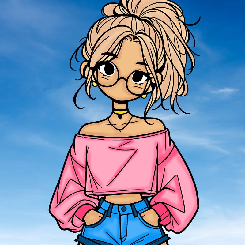 girl with a messy ponytail glasses a baggy crop top and jean shorts