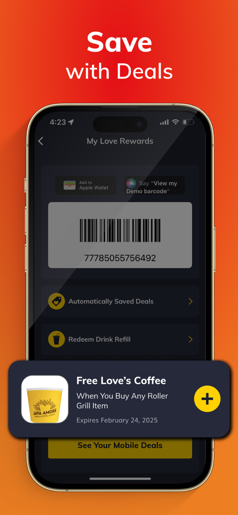 Pantalla de Love's Connect My Love Rewards que muestra un código de barras escaneable y una oferta móvil de café gratis.