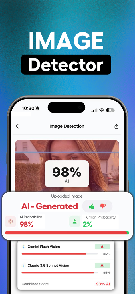 Humanize AI - AI Checker Tools - Mobile screenshot of Humanize AI app showing an image detector tool with a 98 percent AI probability result.