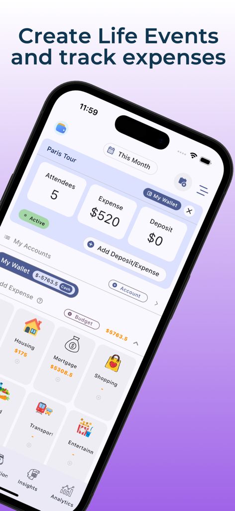 Interface do aplicativo Expense Track mostrando orçamento de eventos e viagens para um passeio em Paris.