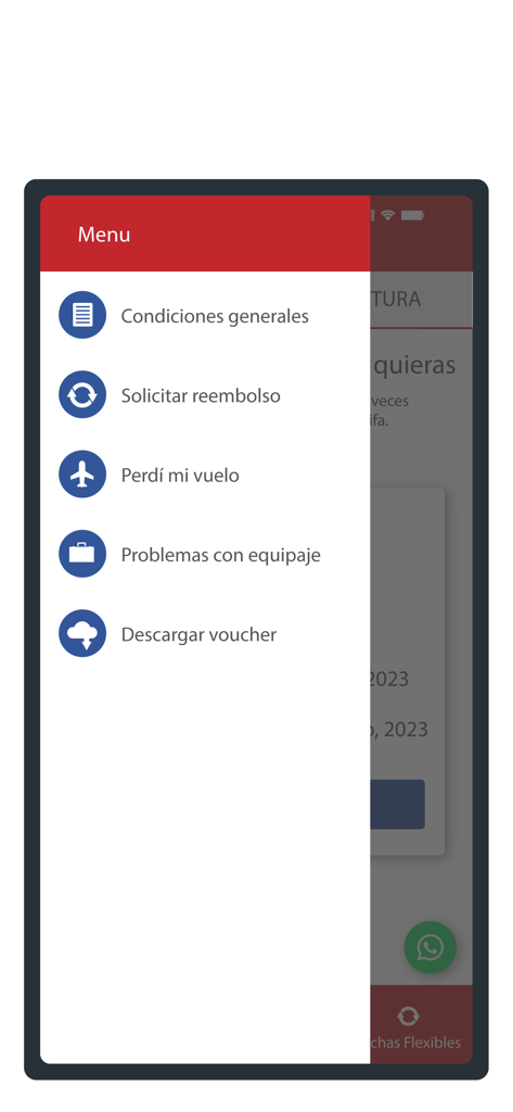 Safe Travel Assistance - 항공편 문제, 수하물 문제 및 환불 옵션이 있는 안전 여행 지원 모바일 앱의 탐색 메뉴