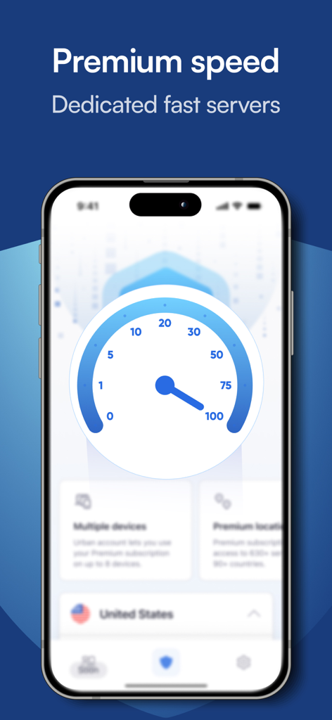 Interfaz de Urban VPN Premium que muestra alta velocidad de conexión en un iPhone