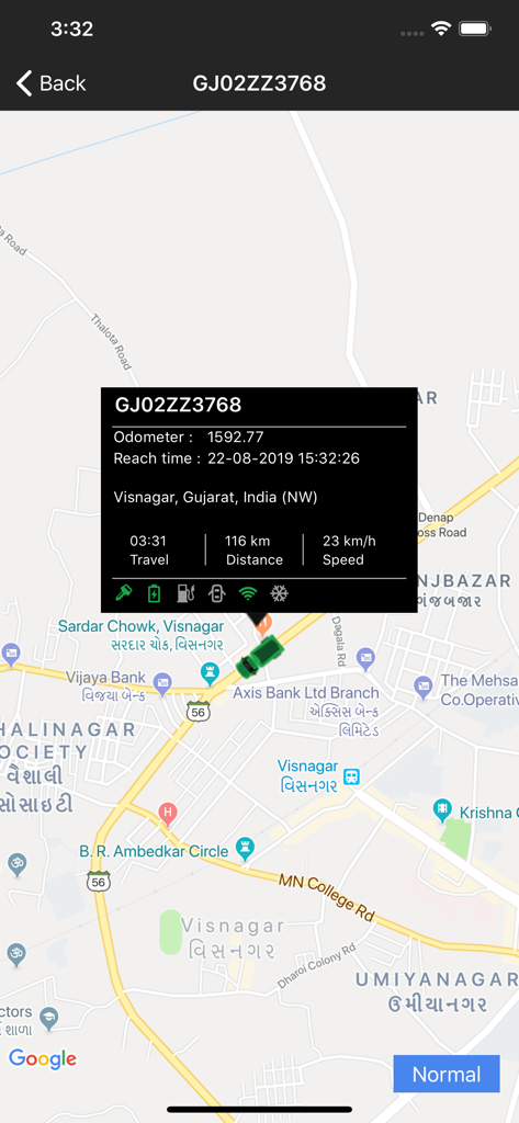 Real time vehicle tracking on a map showing speed distance and travel time for a specific car