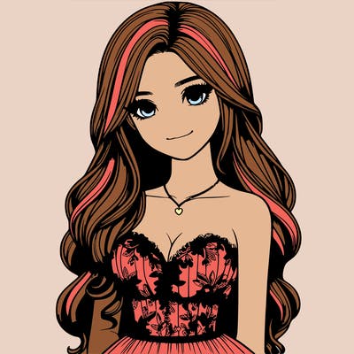 realistic girl with long hair and pretty prom dress