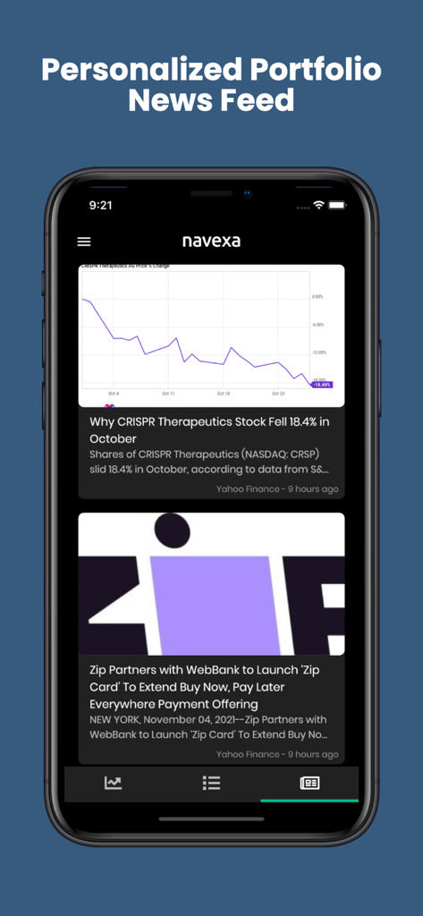 Navexa Portfolio Tracker - Navexa mobile app interface showing a personalized investment news feed with stock market articles and performance charts.