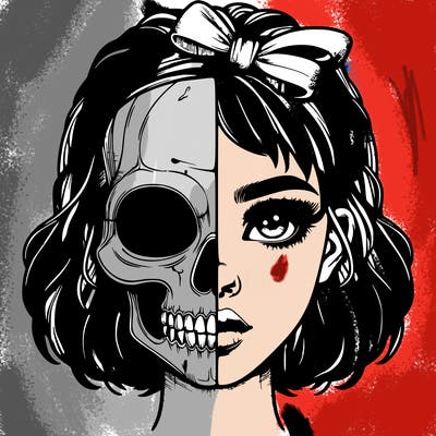 realistic girl with half skull mask
