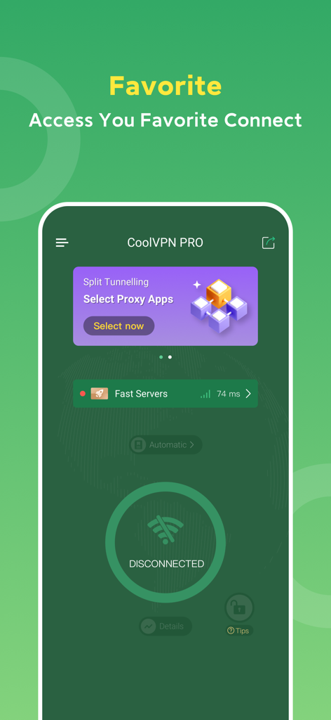 Cool VPN Pro-Secure Proxy VPN - Cool VPN Pro mobile app interface featuring split tunneling and fast server connection options.