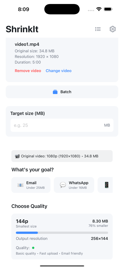 Video Compressor - ShrinkIt - Interface of the ShrinkIt app showing video compression settings including target size input and quality presets for email and WhatsApp sharing.