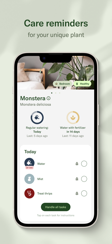Planta: Plant & Garden Care - Planta app interface showing personalized care reminders and a task list for a Monstera plant