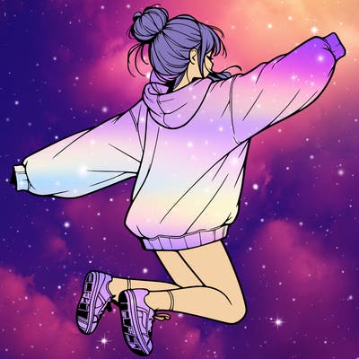 realistic girl jumping with a bun and oversized sweatshirt