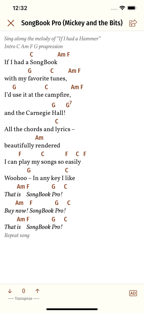 Song Book Pro - SongBook Pro app displaying chords and lyrics for a song