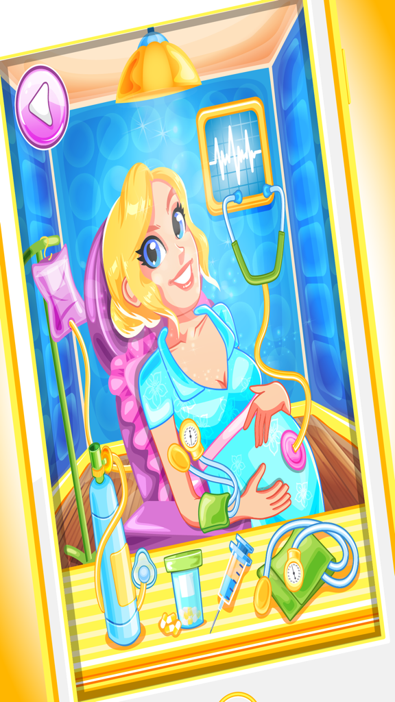 Baby Care - بيبي حبيبي - Cartoon pregnant woman in a hospital room with medical equipment for a checkup