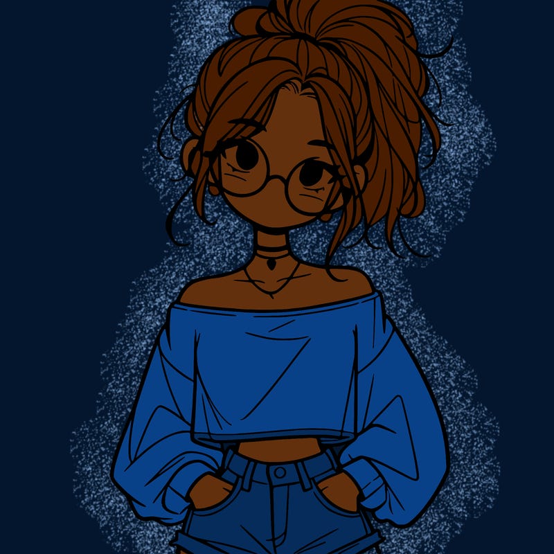 girl with a messy ponytail glasses a baggy crop top and jean shorts