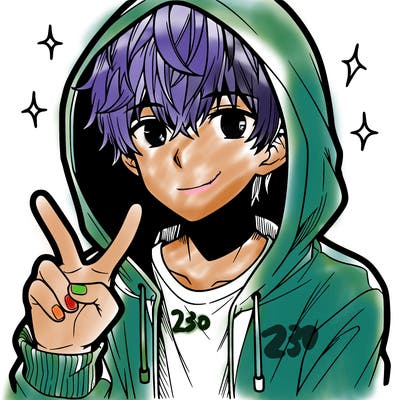 teenage manga boy in a hoodie, doing ✌